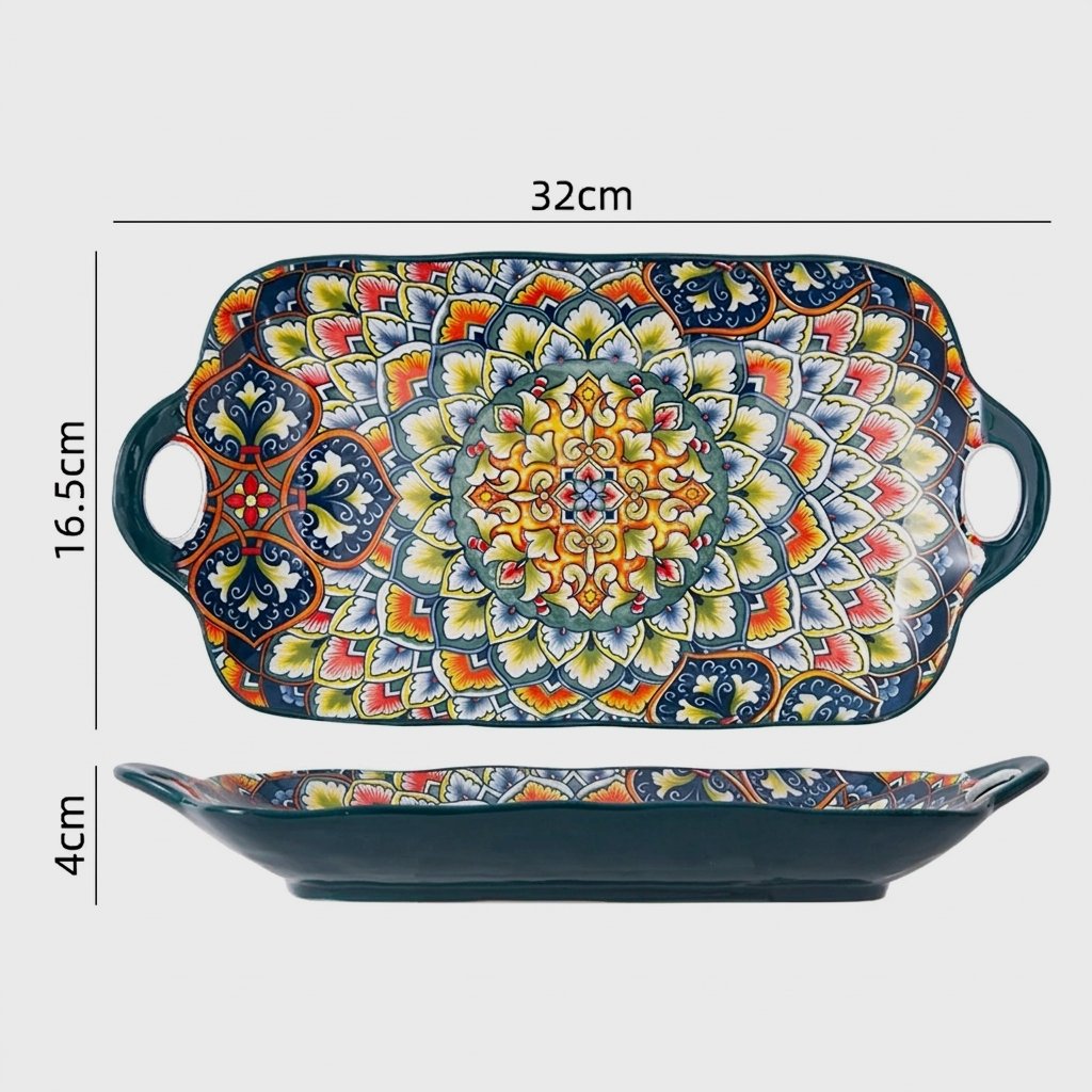 Patterned ceramic rectangular tray with a handle at each end shown from above and the side, labeled 32cm long, 16.5cm wide and 4cm high