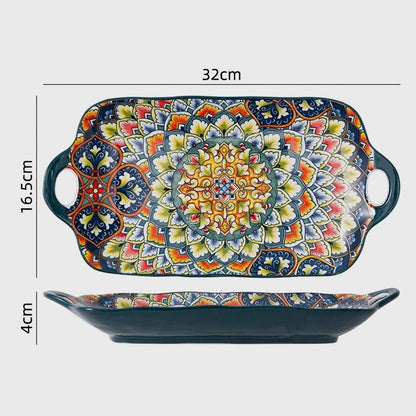 Patterned ceramic rectangular tray with a handle at each end shown from above and the side, labeled 32cm long, 16.5cm wide and 4cm high