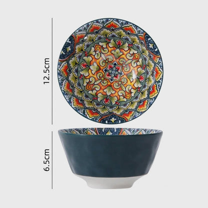 Patterned ceramic small deep round bowl without handles shown from above and the side, labeled 12.5cm in diameter and 6.5cm high