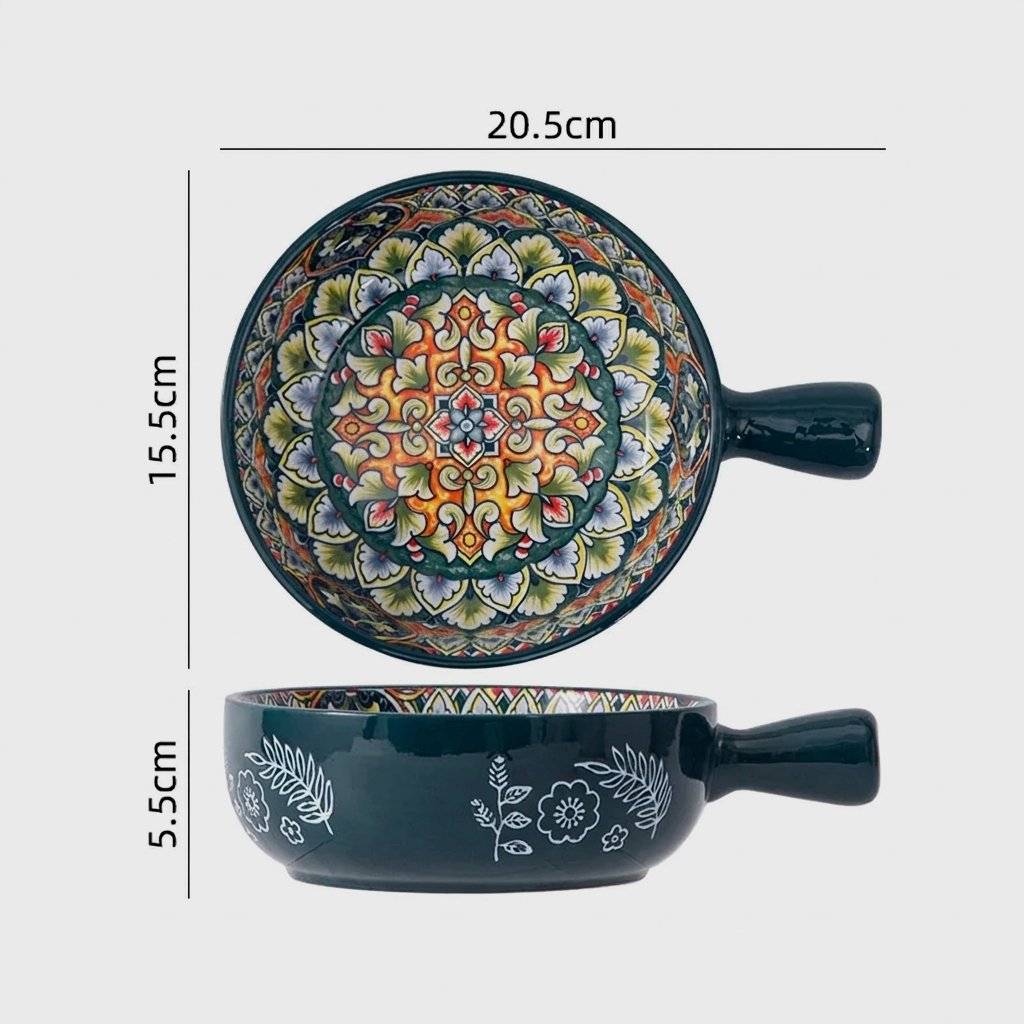 Patterned ceramic small round pan with a short handle shown from above and the side, labeled 20.5cm long with the handle, 15.5cm wide and 5.5cm high