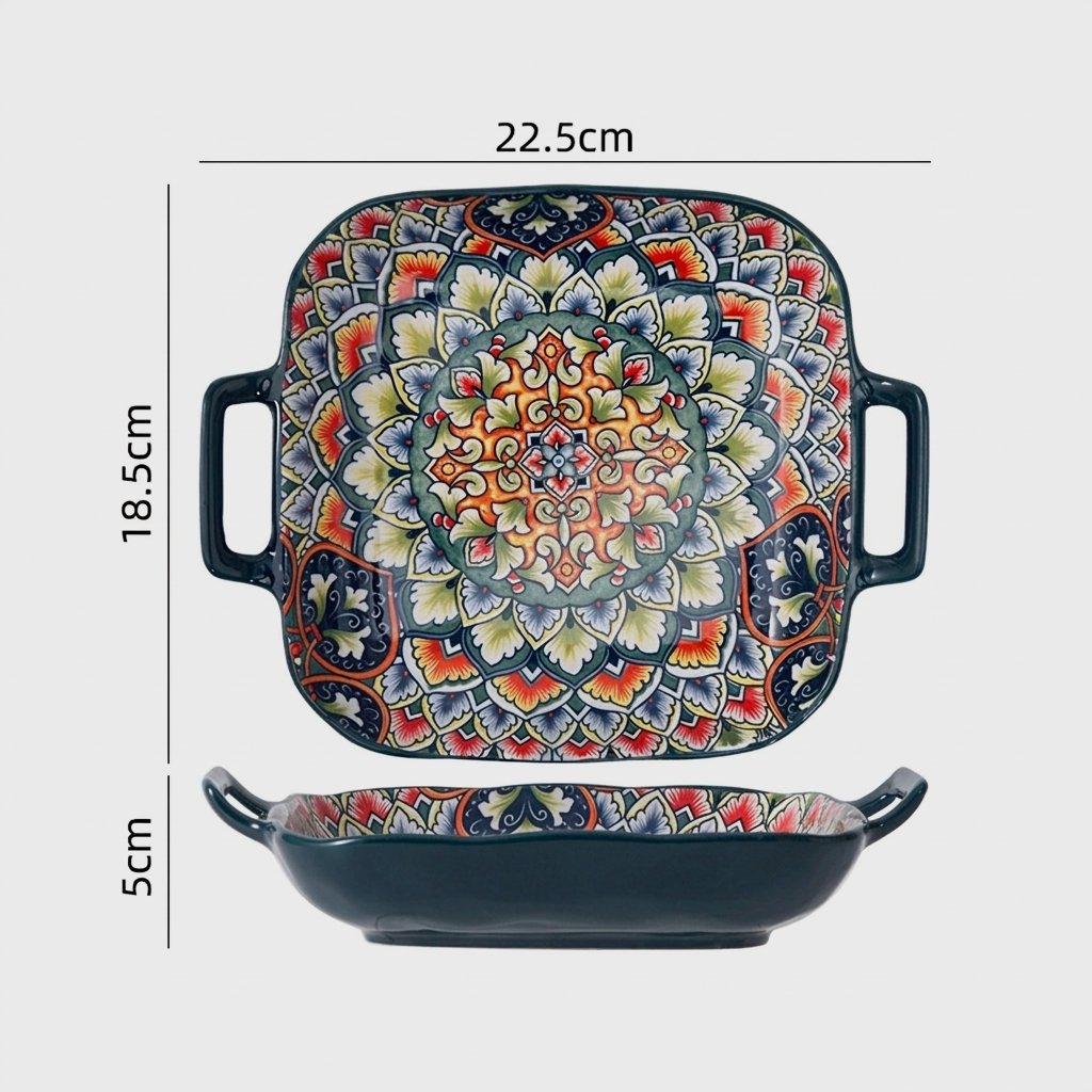 Patterned ceramic square dish with two loop handles shown from above and the side, labeled 22.5cm across the handles, 18.5cm deep and 5cm high