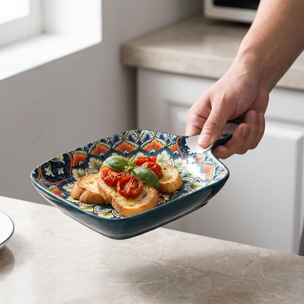 Hand holding a patterned ceramic square pan with a white handle filled with tomato and basil bruschetta over a marble kitchen counter