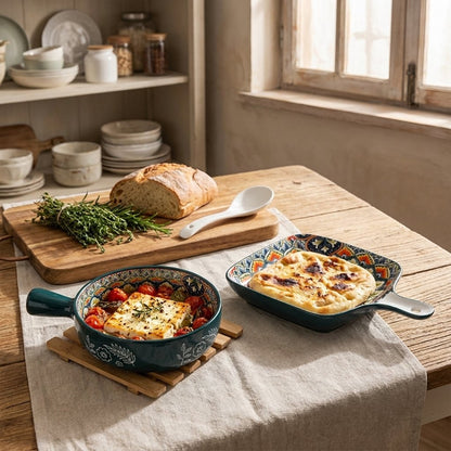 Patterned ceramic round pan of baked feta with tomatoes and a square pan of baked flatbread on a wooden table in a rustic kitchen