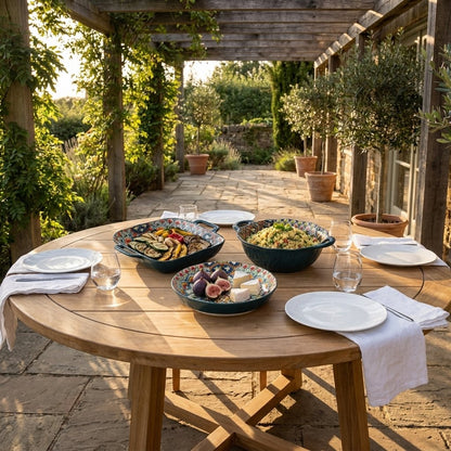 Three patterned ceramic serving dishes with grilled vegetables, a herbed grain salad, figs and cheese on a round table under a vine-covered pergola