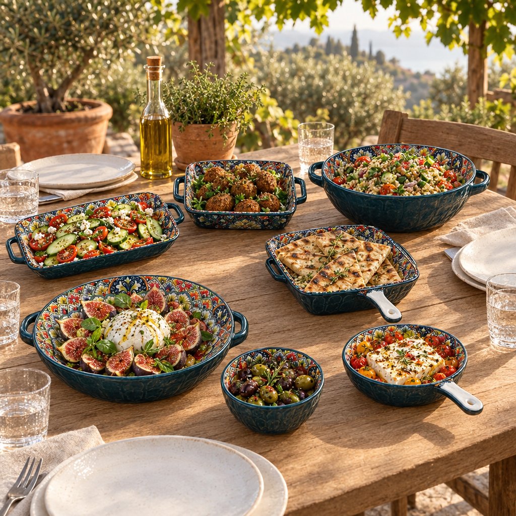 Seven patterned teal ceramic serving pieces filled with salads, falafel, burrata with figs, olives and baked feta on a weathered terrace table