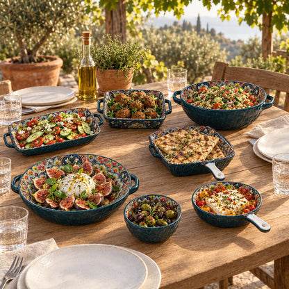 Seven patterned teal ceramic serving pieces filled with salads, falafel, burrata with figs, olives and baked feta on a weathered terrace table