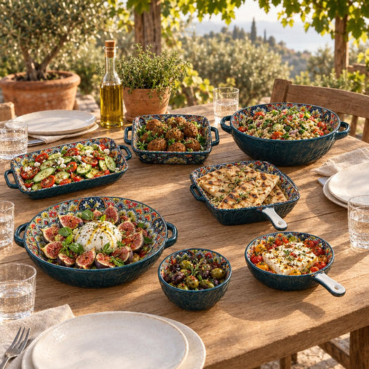 Seven patterned teal ceramic serving pieces filled with salads, falafel, burrata with figs, olives and baked feta on a weathered terrace table
