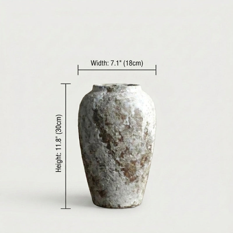 Tall ceramic rustic circular vase dimensions graphic on white background