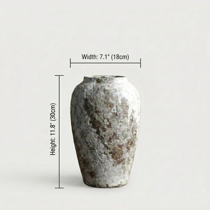 Tall ceramic rustic circular vase dimensions graphic on white background