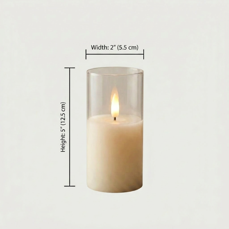 Medium clear ivory flameless pillar candle dimensions graphic on white background