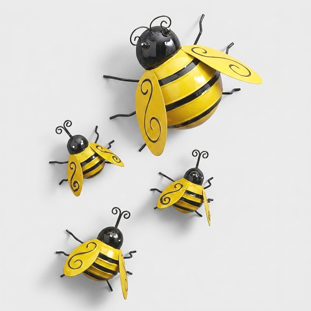 Set of four painted metal bumble bee decorations on white background