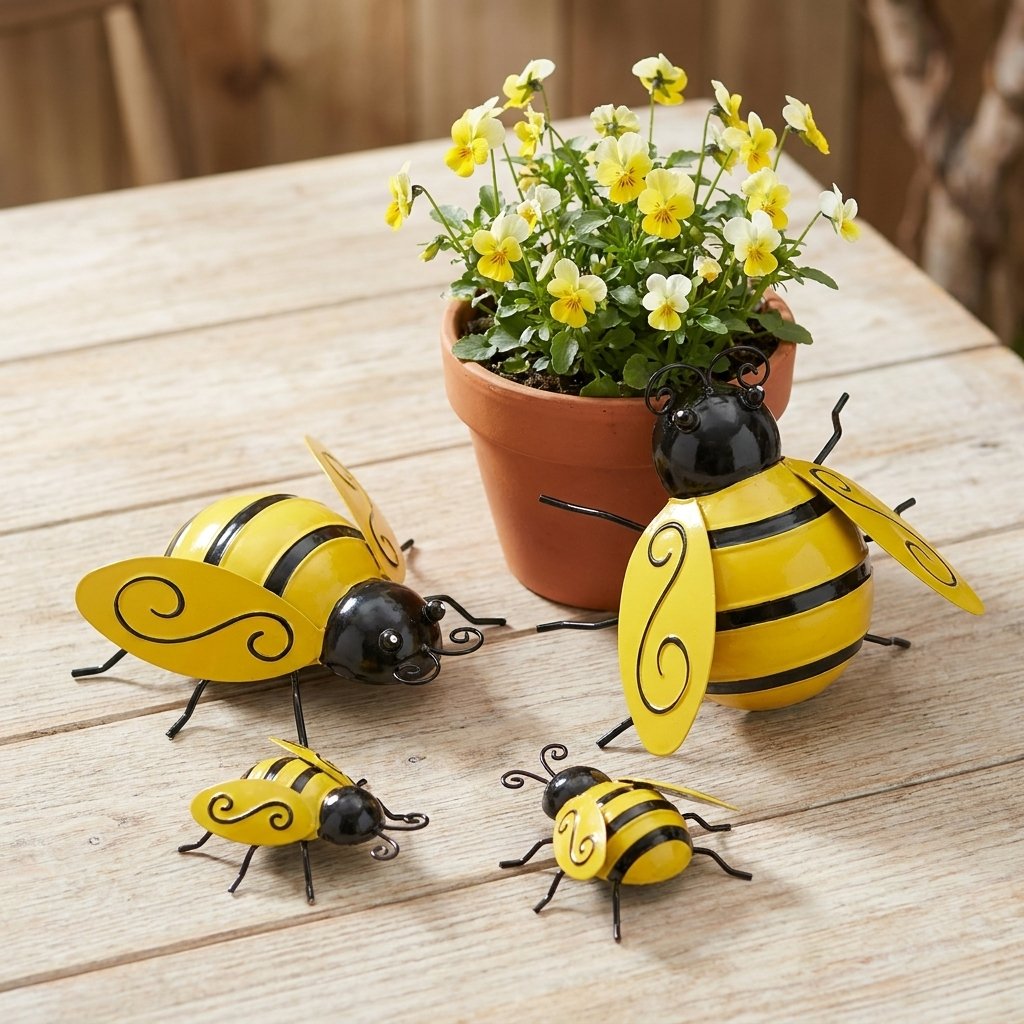 Four metal bumble bee figurines on a patio table beside a flower pot