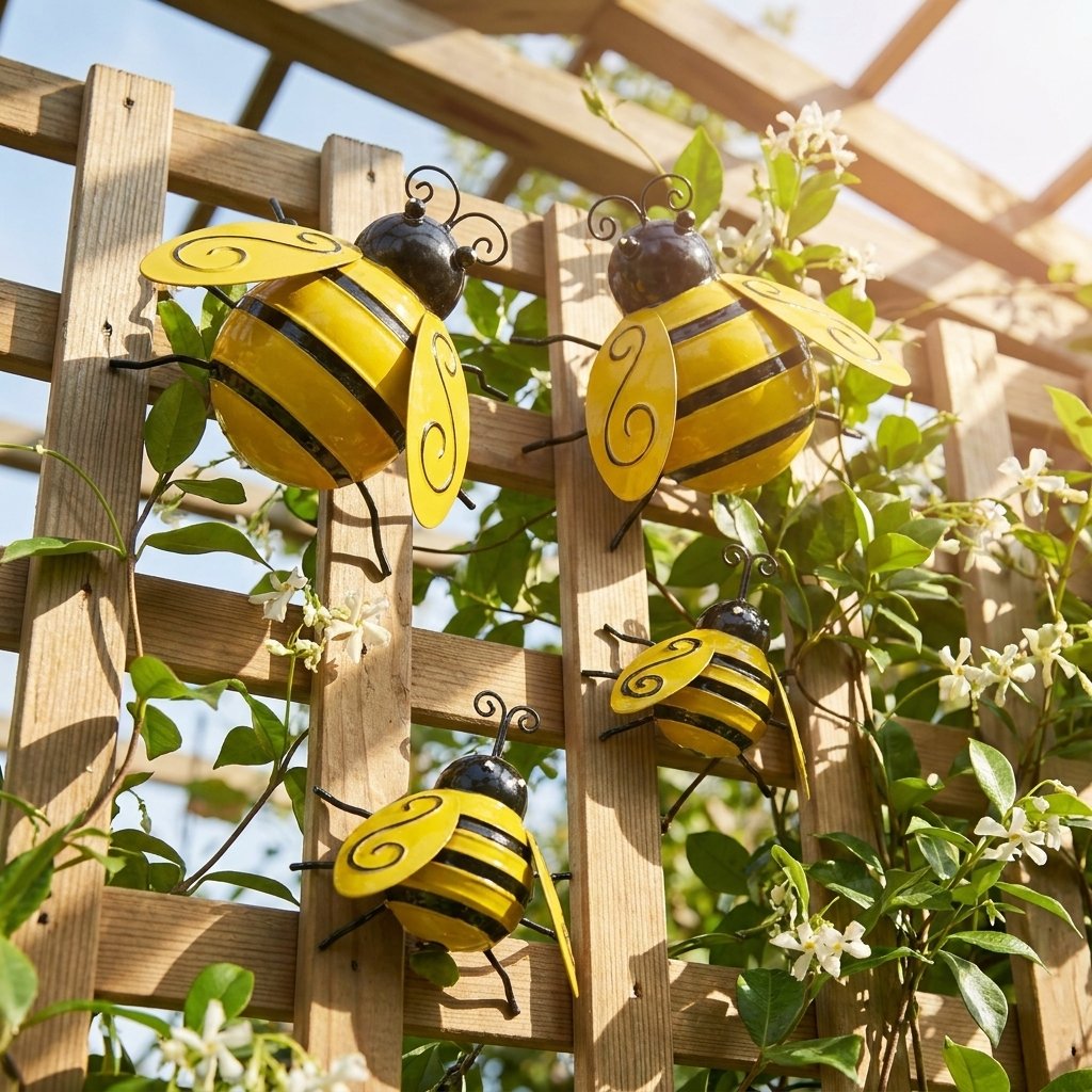 Four metal bumble bee decorations on a pergola lattice with jasmine vine