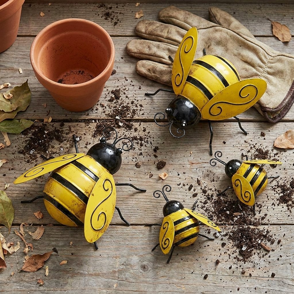 Four metal bumble bee decor pieces on a potting bench with garden gloves