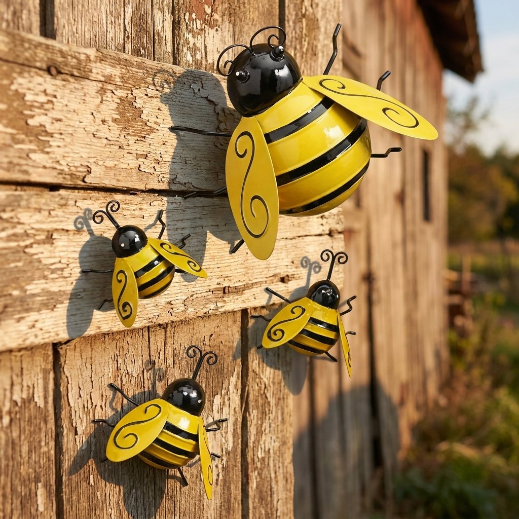 Four metal bumble bee decorations mounted on a rustic barn wood wall