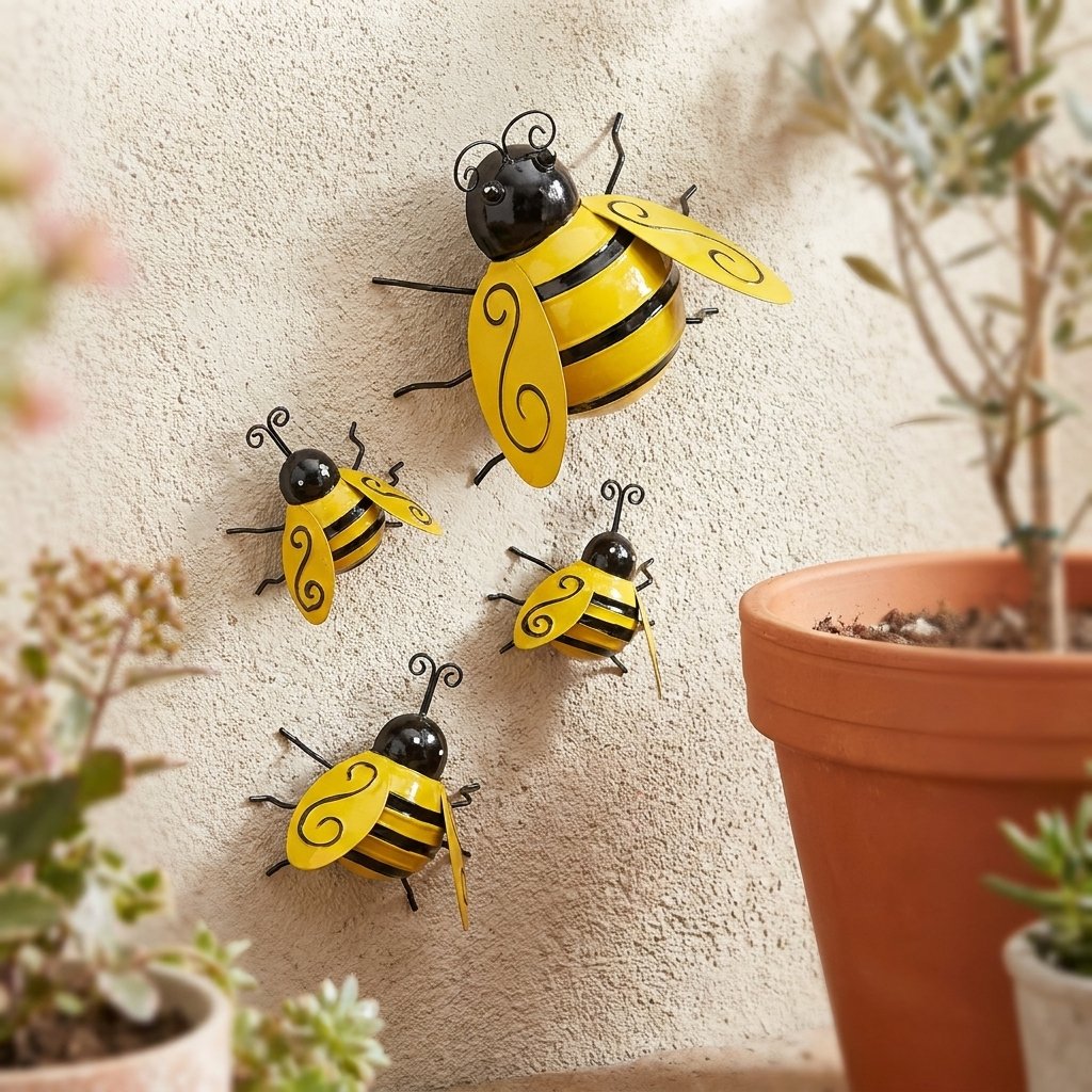 Four metal bumble bee wall decorations on a stucco wall near potted plants