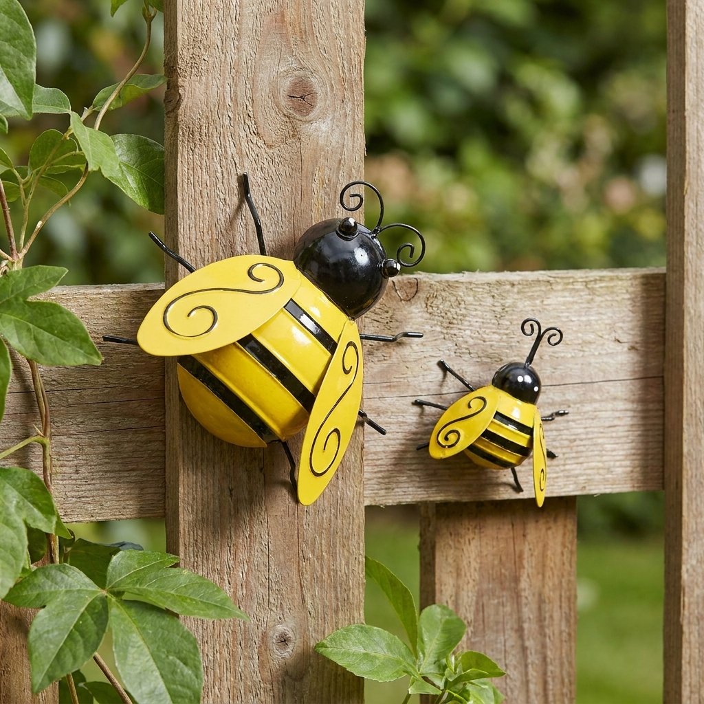 Two metal bumble bee decorations on a wooden trellis with climbing vine