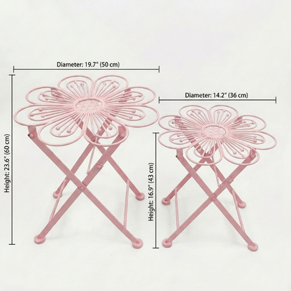 Metal flower bistro table in pink on white background with dimensions