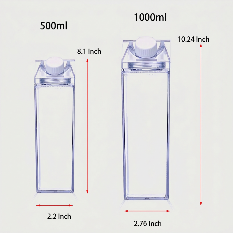 Milk carton style water bottle dimensions graphic showing 500ml and 1000ml sizes