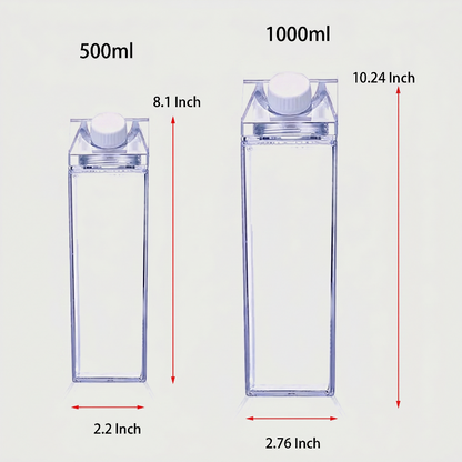 Milk carton style water bottle dimensions graphic showing 500ml and 1000ml sizes