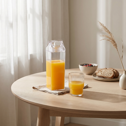 Milk carton style water bottles with orange juice on breakfast table