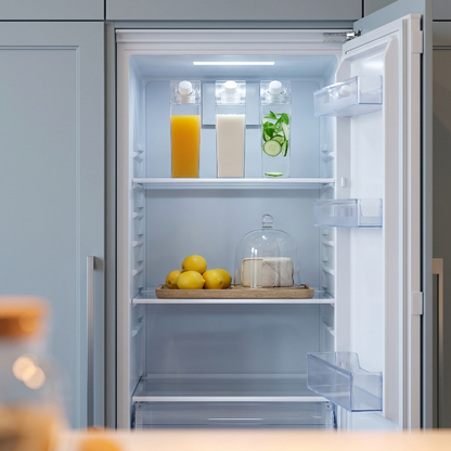 Milk carton style water bottles in refrigerator with drinks and fruit