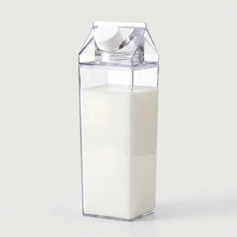 Milk carton style water bottle filled with milk on white background