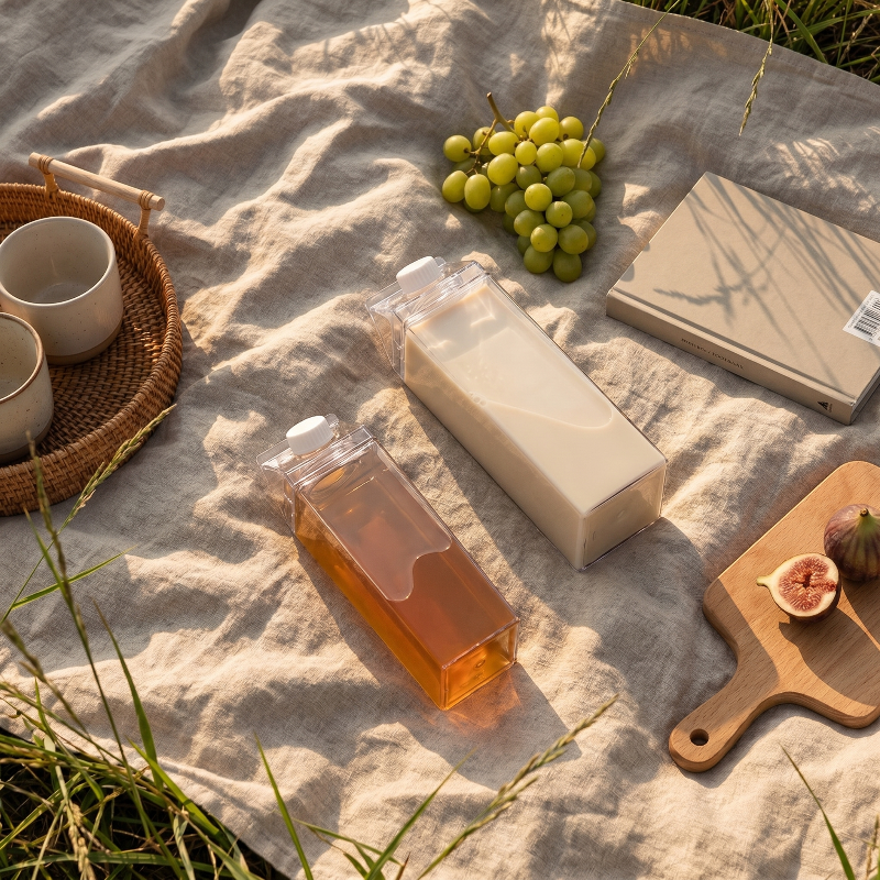 Milk carton style water bottles on picnic blanket with grapes and cups