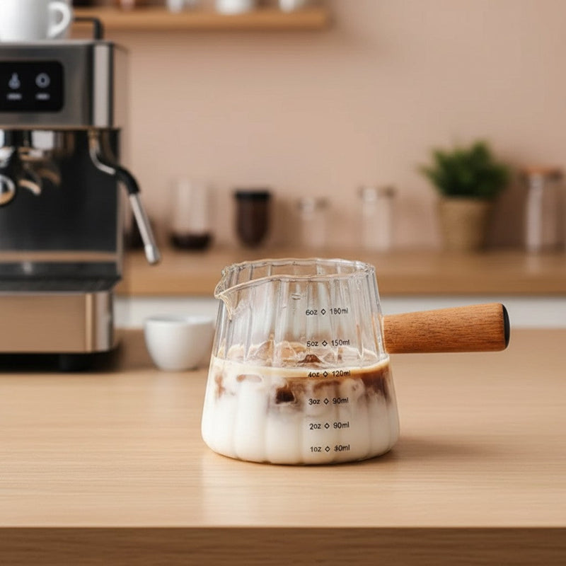 Glass measuring cup with wooden handle on a kitchen counter next to an espresso machine.