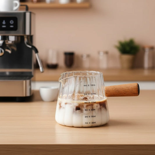 Glass milk frothing pitcher on kitchen counter beside espresso machine