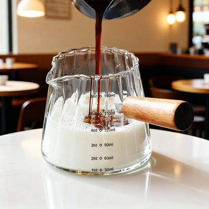 Hot liquid being poured into a glass measuring cup with a wooden handle on a white surface.