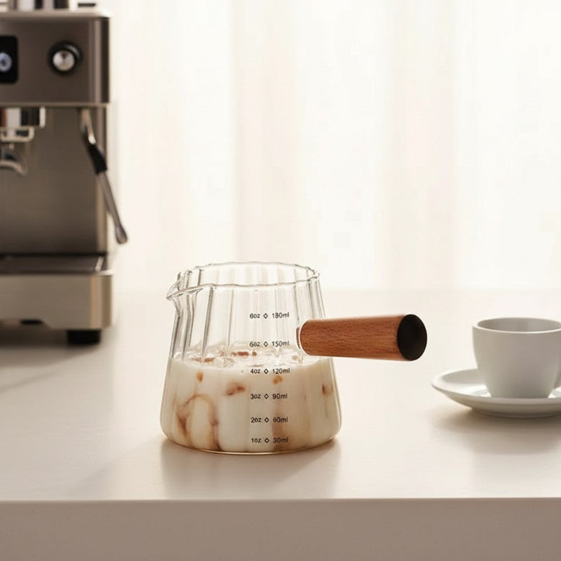 Glass milk frothing pitcher on white counter beside coffee setup