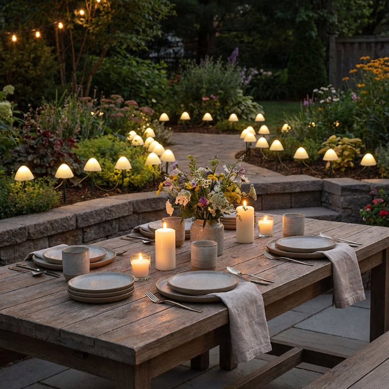 Solar mushroom lights glowing at dusk in flower bed