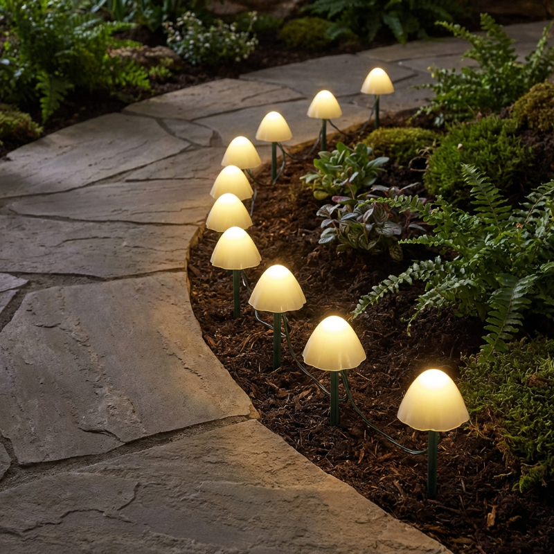 Solar mushroom lights with ground stake in pathway