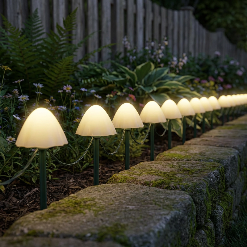 Row of garden lights along a stone wall with plants and flowers in the background