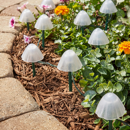 Solar-powered mushroom lights on a garden path with flowers and mulch.