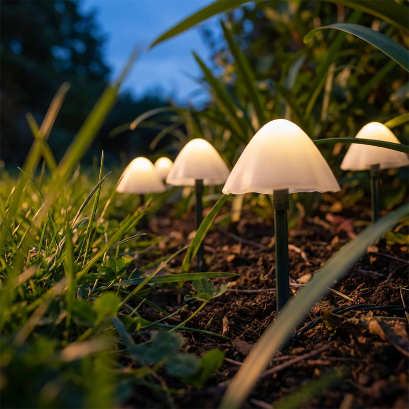 Mushroom-shaped garden lights in a grassy area