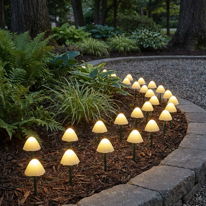 Decorative mushroom-shaped garden lights in a garden setting