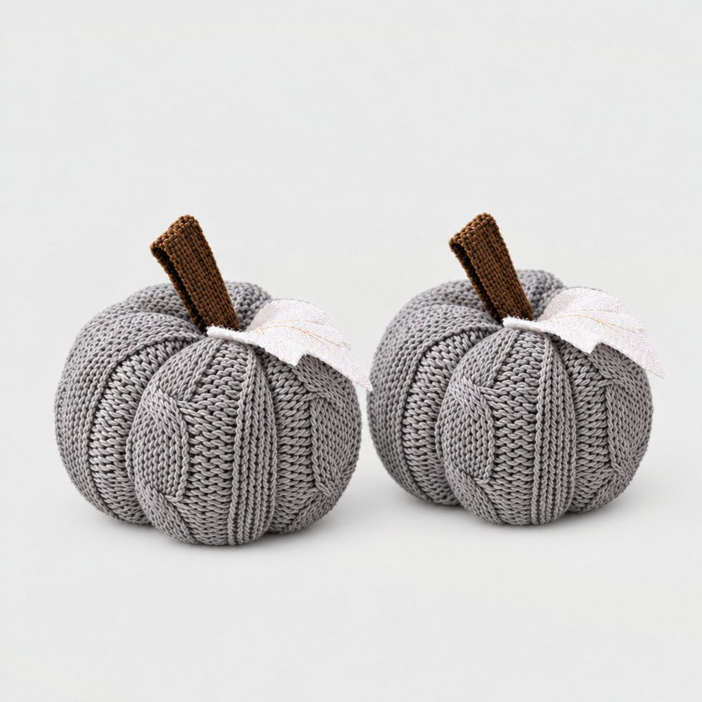 Two grey cable-knit mini pumpkins side by side with brown stems and white felt leaves on a plain light backdrop