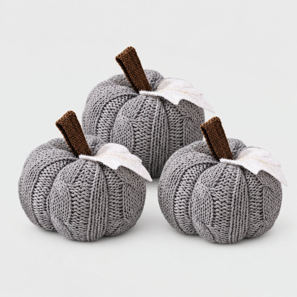 Set of three grey cable-knit mini pumpkins with brown stems and white felt leaves on a plain light backdrop