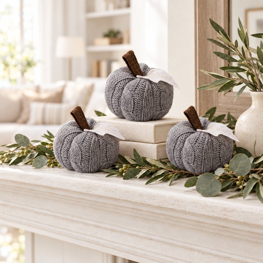 Three grey cable-knit mini pumpkins on a white mantel with a eucalyptus garland, one raised on a stack of cream books