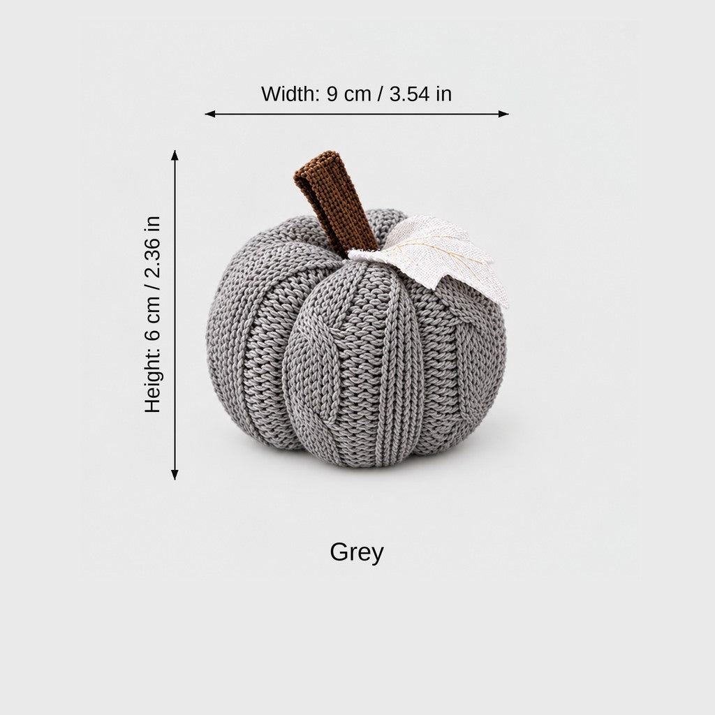 Grey mini knit pumpkin with brown stem and white leaf, labeled Width 9 cm / 3.54 in and Height 6 cm / 2.36 in