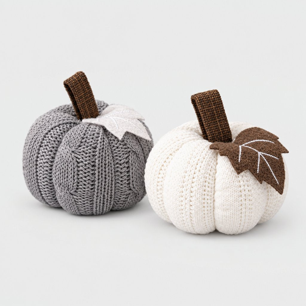 Grey and cream mini knit pumpkins side by side with brown stems and felt leaves on a plain light backdrop