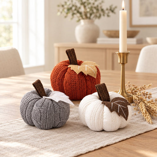 Mini knit pumpkins in rust orange, grey and cream on an oak dining table beside a brass candlestick with a lit taper candle