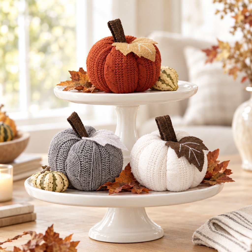 Orange, grey and cream mini knit pumpkins on a white tiered cake stand with small striped gourds and autumn leaves on a table