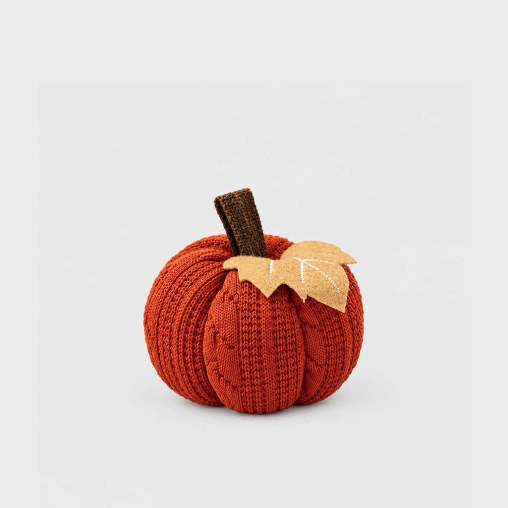 Single rust orange mini knit pumpkin with a brown stem and tan felt leaf on a plain light backdrop