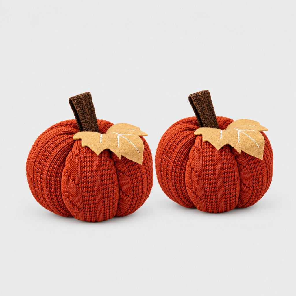 Two rust orange mini knit pumpkins side by side with brown stems and tan felt leaves on a plain light backdrop