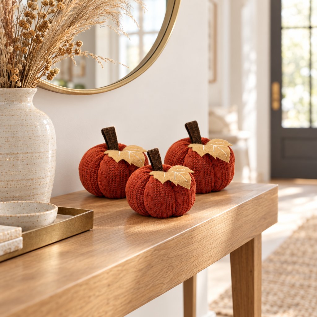 Three rust orange mini knit pumpkins on an entry console table under a round brass mirror with a speckled vase of dried grasses