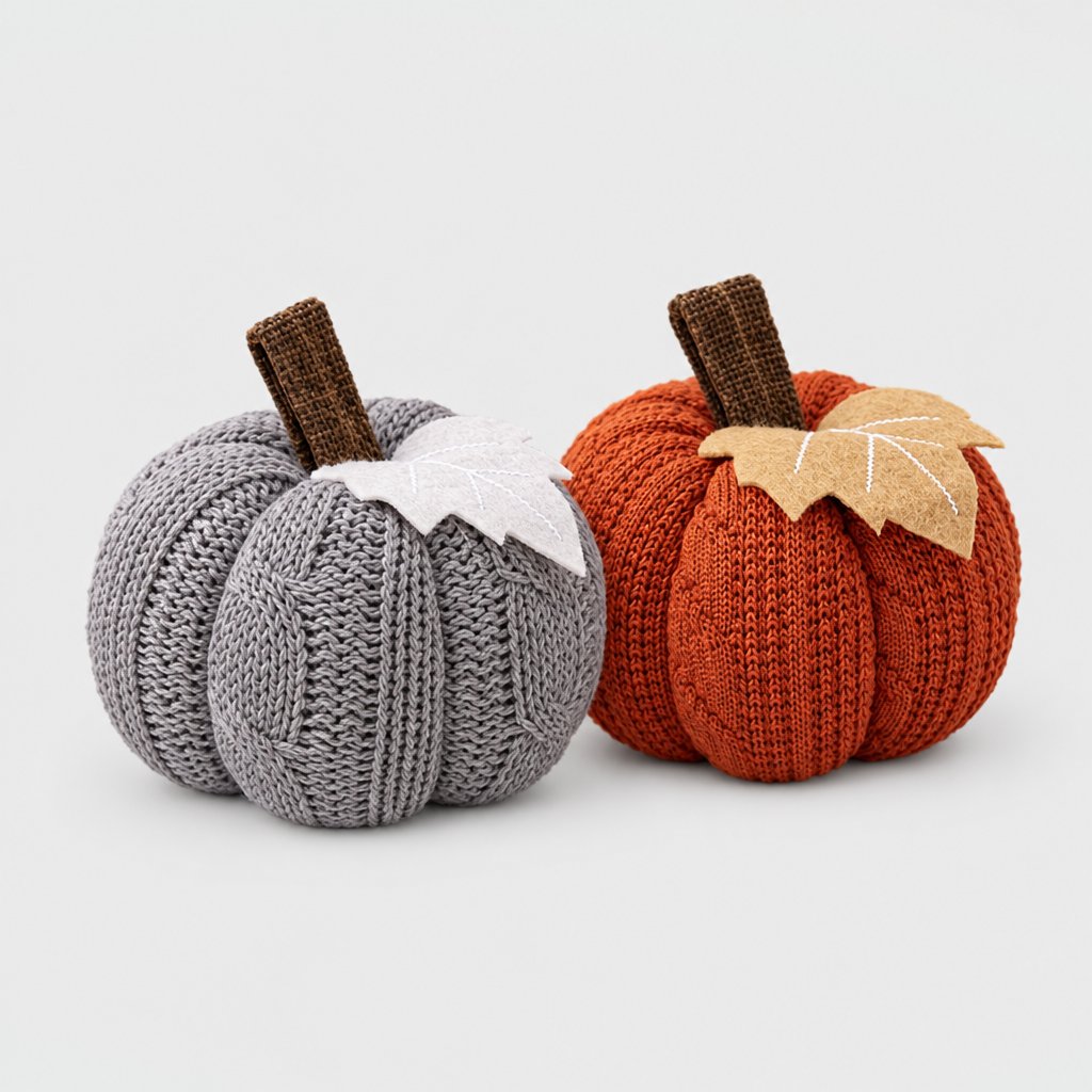 Grey and rust orange mini knit pumpkins side by side with brown stems and felt leaves on a plain light backdrop