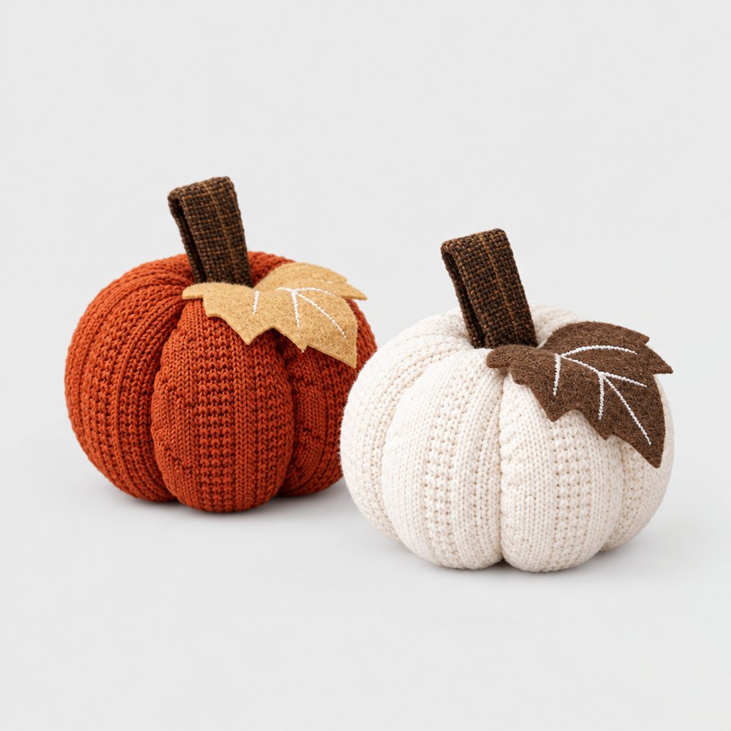 Rust orange and cream mini knit pumpkins side by side with brown stems and felt leaves on a plain light backdrop
